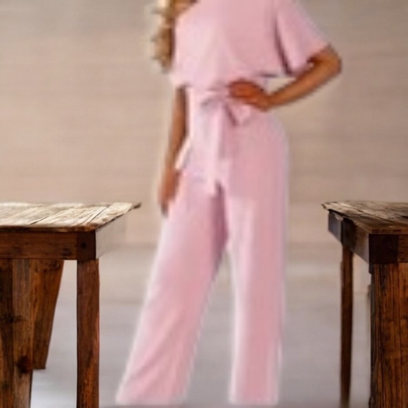 Elegant Wide Leg Jumpsuit Short Sleeve Pink Large - Picture 1 of 4